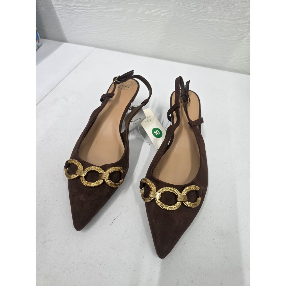 A New Day Brown Faux Suede Gold Chain Slingback Kitten Heel Pumps Womens 10